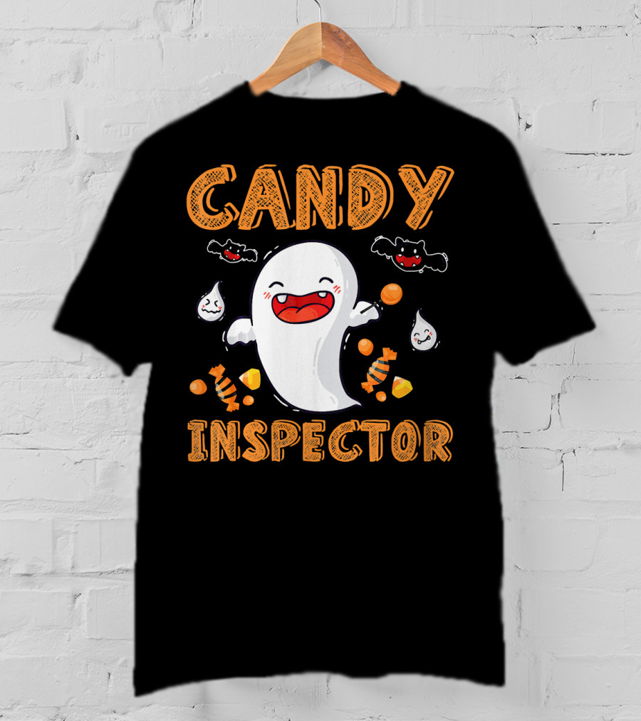 Candy Inspector Ghost Halloween Co Spooky Fun With Bats And Sweets T-Shirt