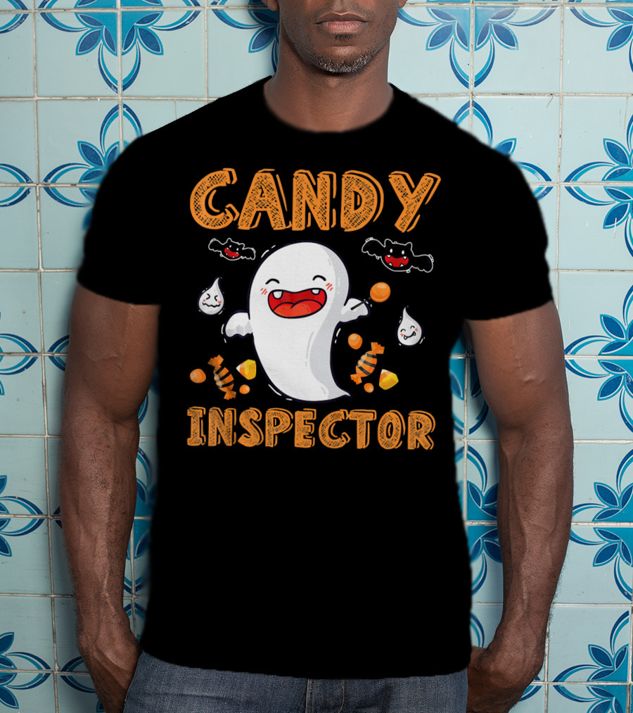 Candy Inspector Ghost Halloween Co Spooky Fun With Bats And Sweets T-Shirt