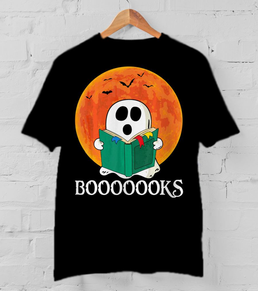 Funny Halloween Booooks Cute Ghost Reading With Full Moon And Bats T-Shirt