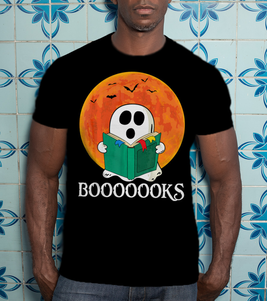 Funny Halloween Booooks Cute Ghost Reading With Full Moon And Bats T-Shirt