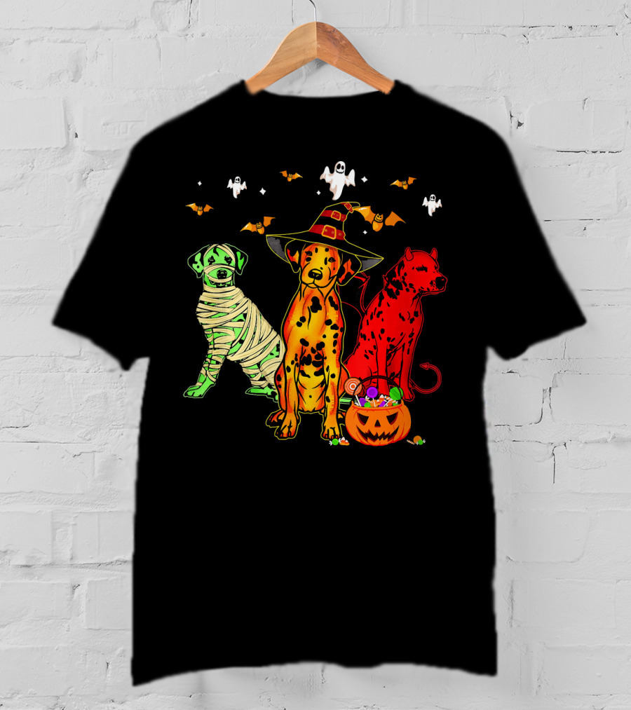 Funny Dalmatian Halloween Witch Mummy Devil Costume Party With Ghosts And Bats T-Shirt
