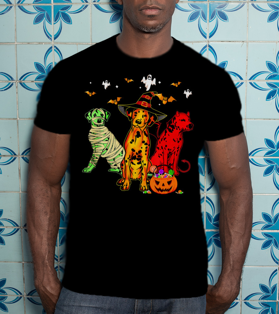 Funny Dalmatian Halloween Witch Mummy Devil Costume Party With Ghosts And Bats T-Shirt