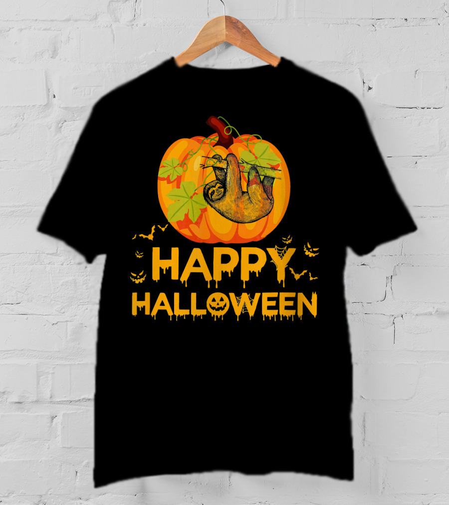Happy Halloween Pumpkin Sloth Hanging With Bats T-Shirt