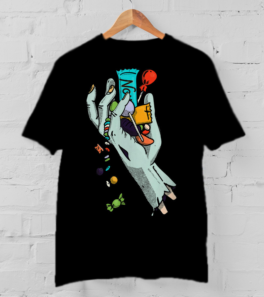 Holidaze Trick Or Treat Zombie Hand No Treats Candies Balloon T-Shirt