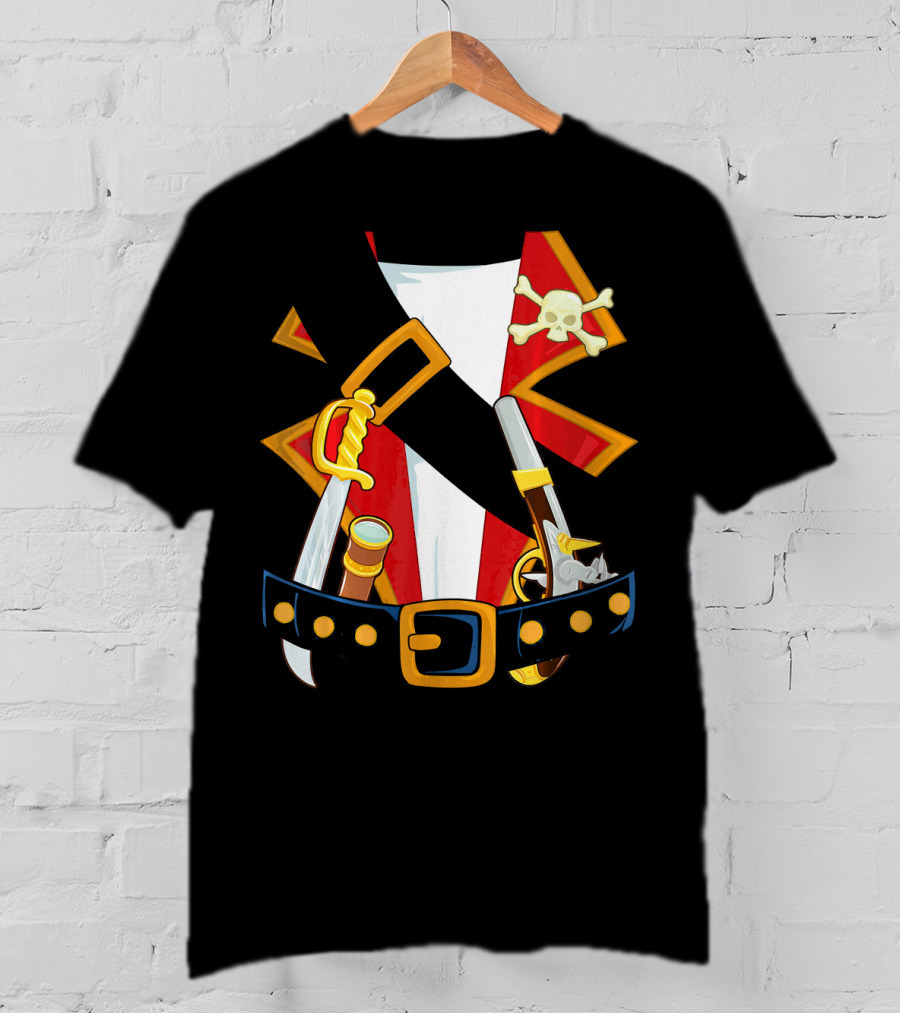 Pirate Costume Skull Crossbones Sword Pistol Belt T-Shirt