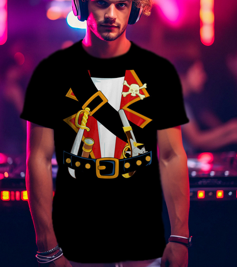 Pirate Costume Skull Crossbones Sword Pistol Belt T-Shirt