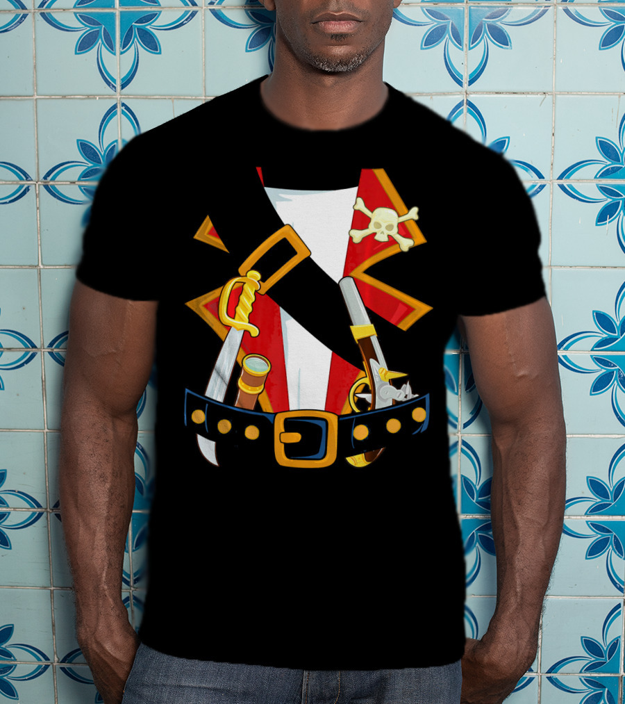 Pirate Costume Skull Crossbones Sword Pistol Belt T-Shirt