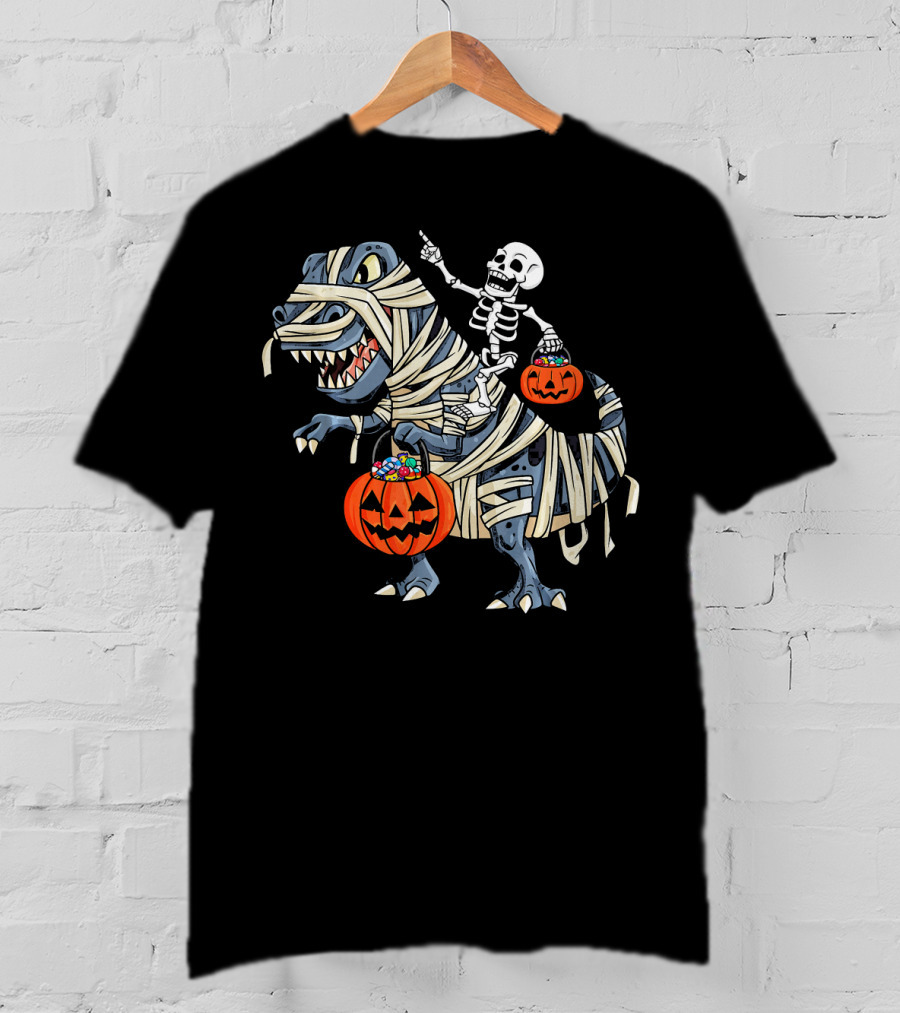 Skeleton Riding Mummy T-Rex With Pumpkin Candy Buckets Halloween Bo T-Shirt