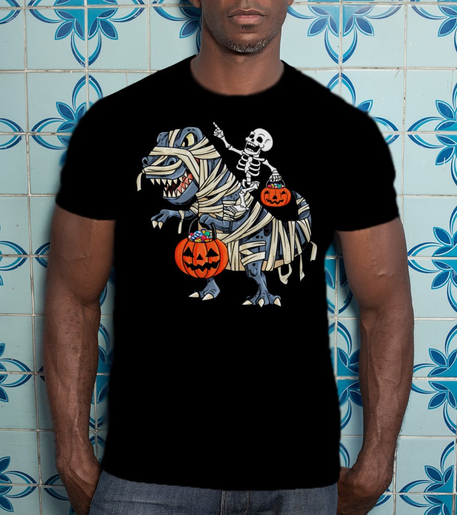 Skeleton Riding Mummy T-Rex With Pumpkin Candy Buckets Halloween Bo T-Shirt
