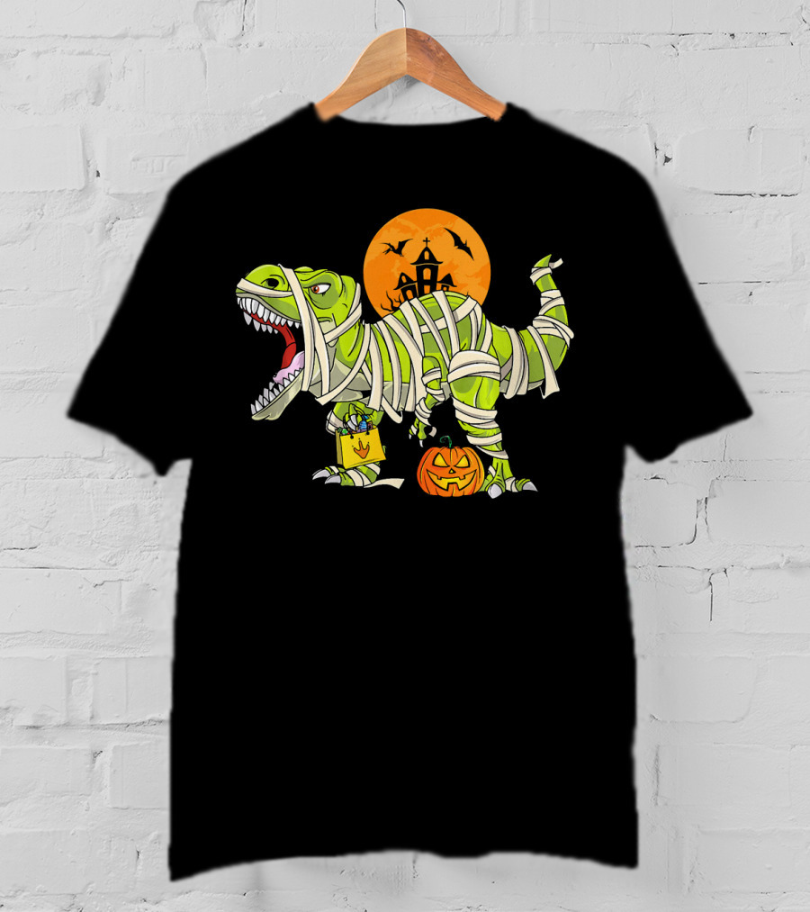 Funny Halloween Rex Dinosaur Mummy With Pumpkin And Haunted House T-Shirt