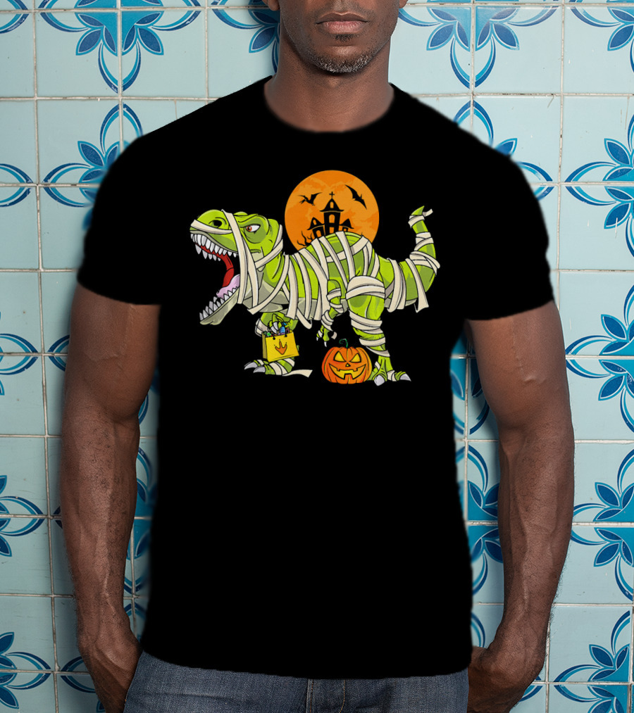 Funny Halloween Rex Dinosaur Mummy With Pumpkin And Haunted House T-Shirt
