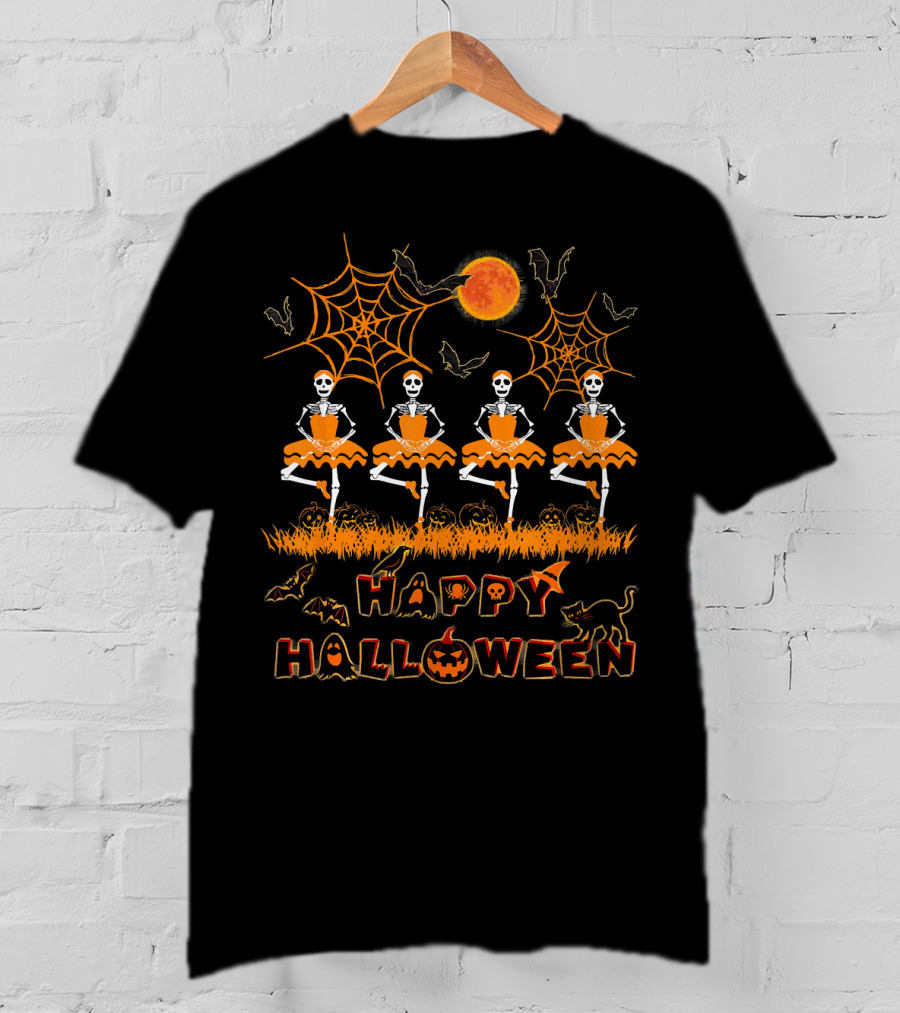 Happy Halloween Dancing Ballet Skeletons With Spiders And Bats T-Shirt