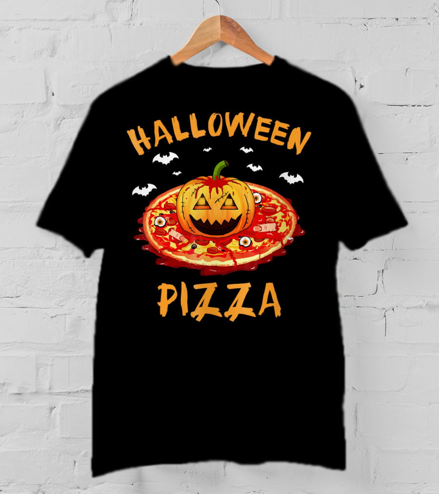 Halloween Pizza Pumpkin With Bats And Spooky Toppings T-Shirt