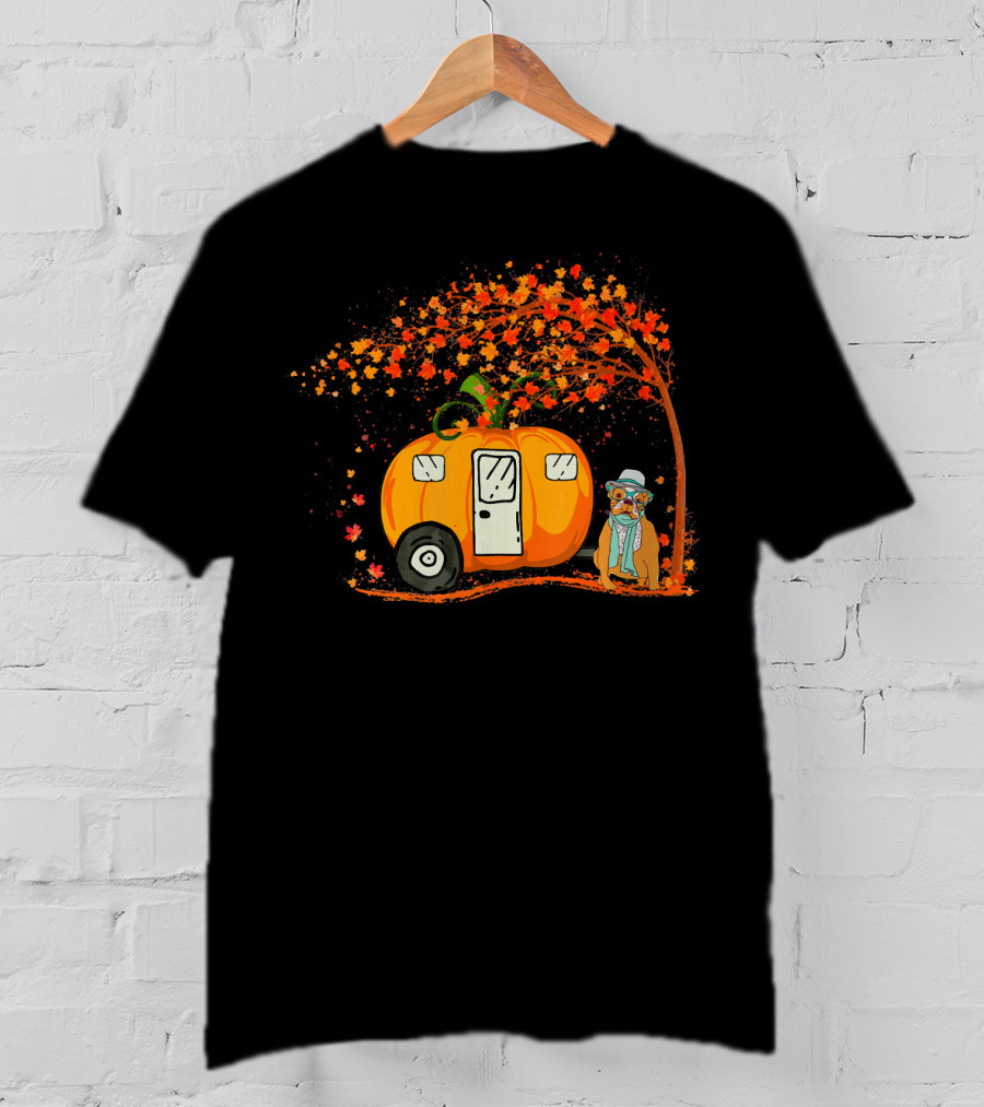 Bulldog With Pumpkin Camping Van Under Autumn Tree T-Shirt