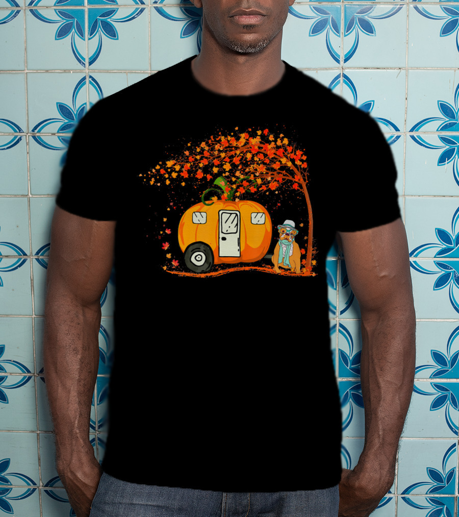 Bulldog With Pumpkin Camping Van Under Autumn Tree T-Shirt