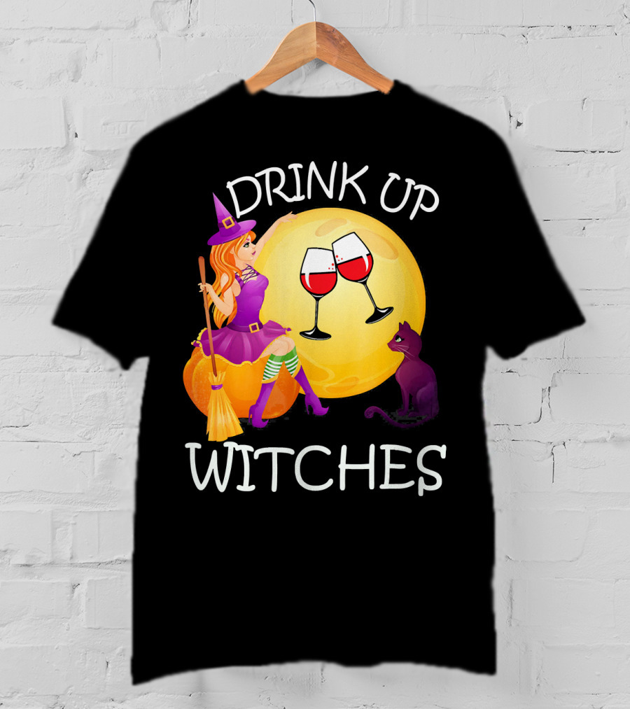 Drink Up Witches Halloween Wine Moon Cat Broomsticks T-Shirt