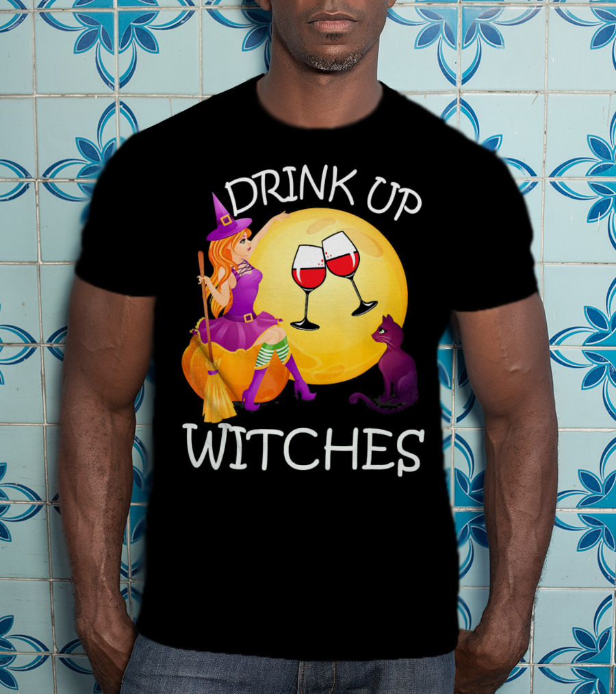 Drink Up Witches Halloween Wine Moon Cat Broomsticks T-Shirt