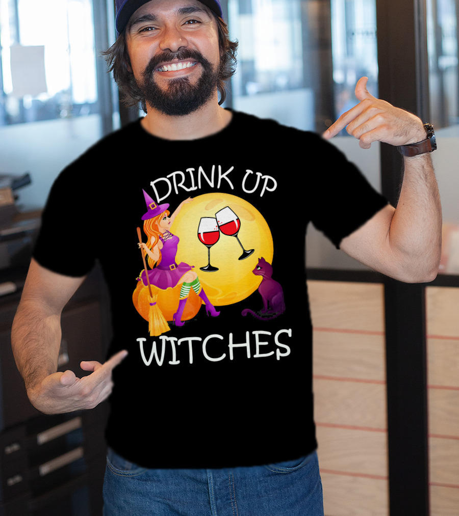 Drink Up Witches Halloween Wine Moon Cat Broomsticks T-Shirt