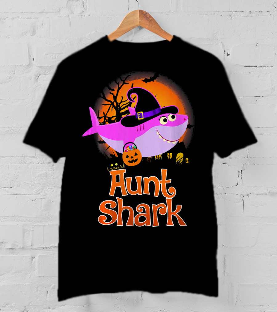 Aunt Shark Halloween Witch With Pumpkin On Orange Full Moon T-Shirt