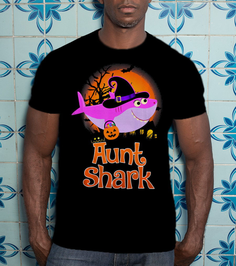 Aunt Shark Halloween Witch With Pumpkin On Orange Full Moon T-Shirt