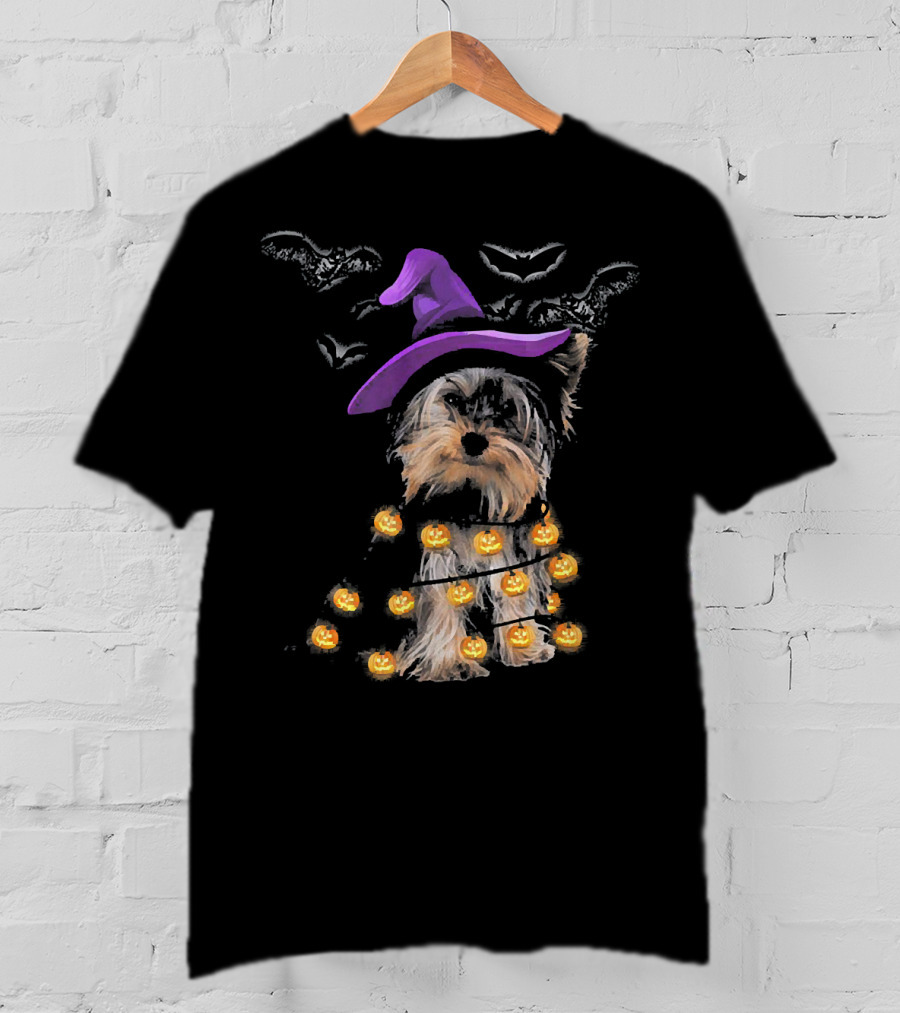 Yorkie In Witch Hat With Pumpkin Lights And Bats T-Shirt