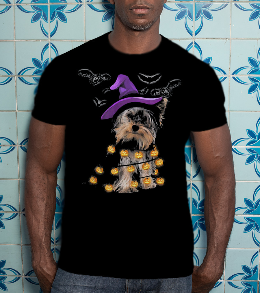 Yorkie In Witch Hat With Pumpkin Lights And Bats T-Shirt