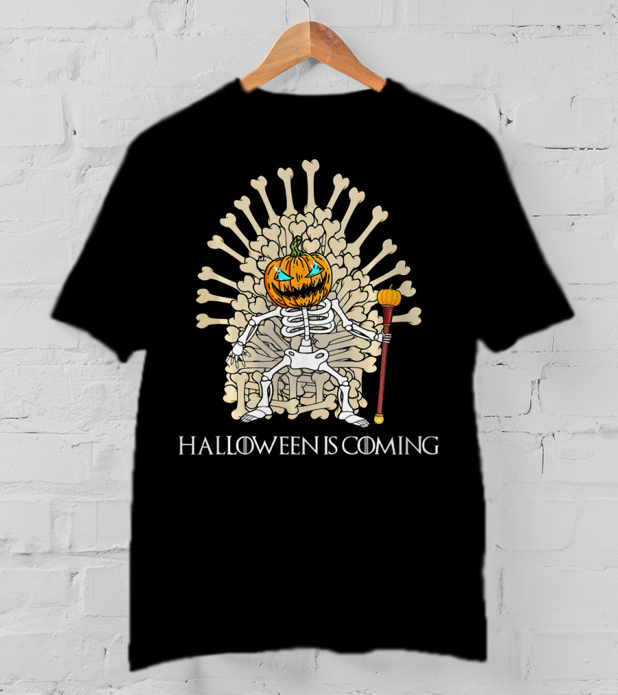 Halloween Is Coming Skeleton Pumpkin Throne T-Shirt