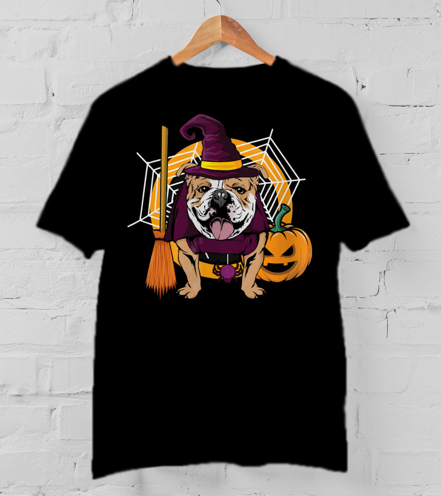 Witch Bulldog Halloween Pumpkin Broom Spiderweb T-Shirt