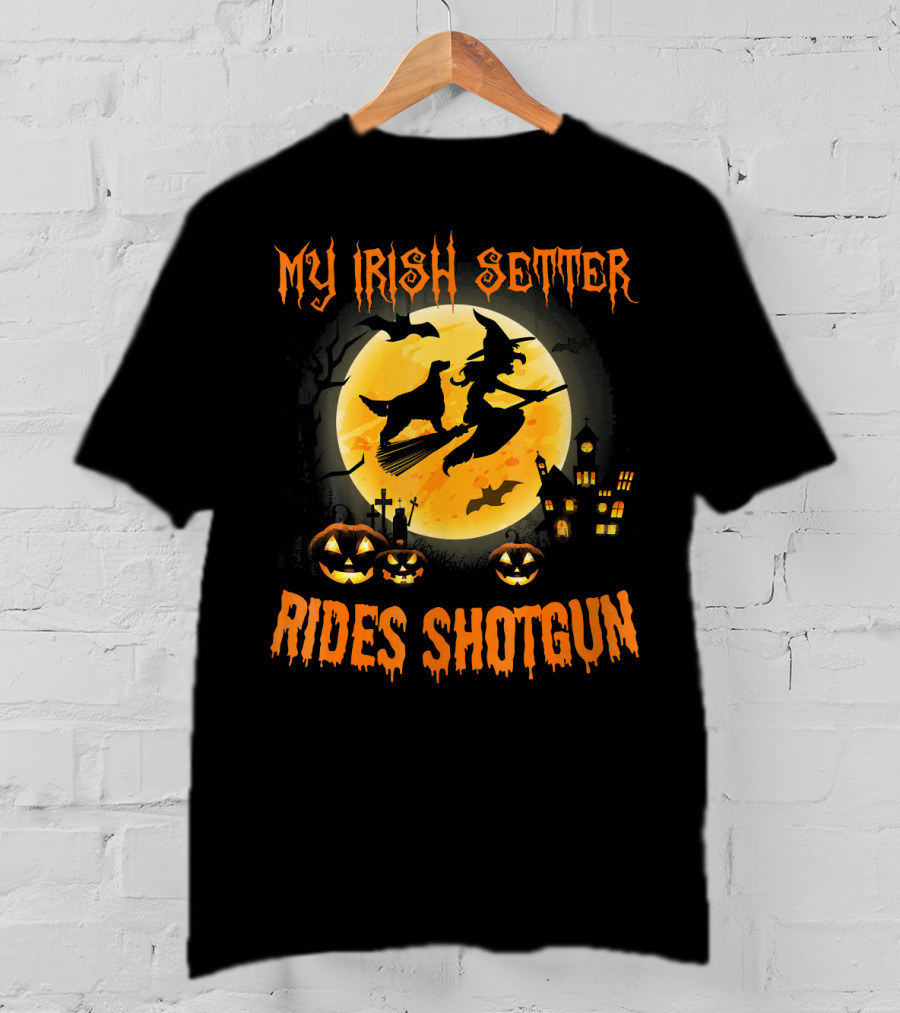 Halloween Witch Flying With My Irish Setter Rides Shotgun Moonlit Scene T-Shirt