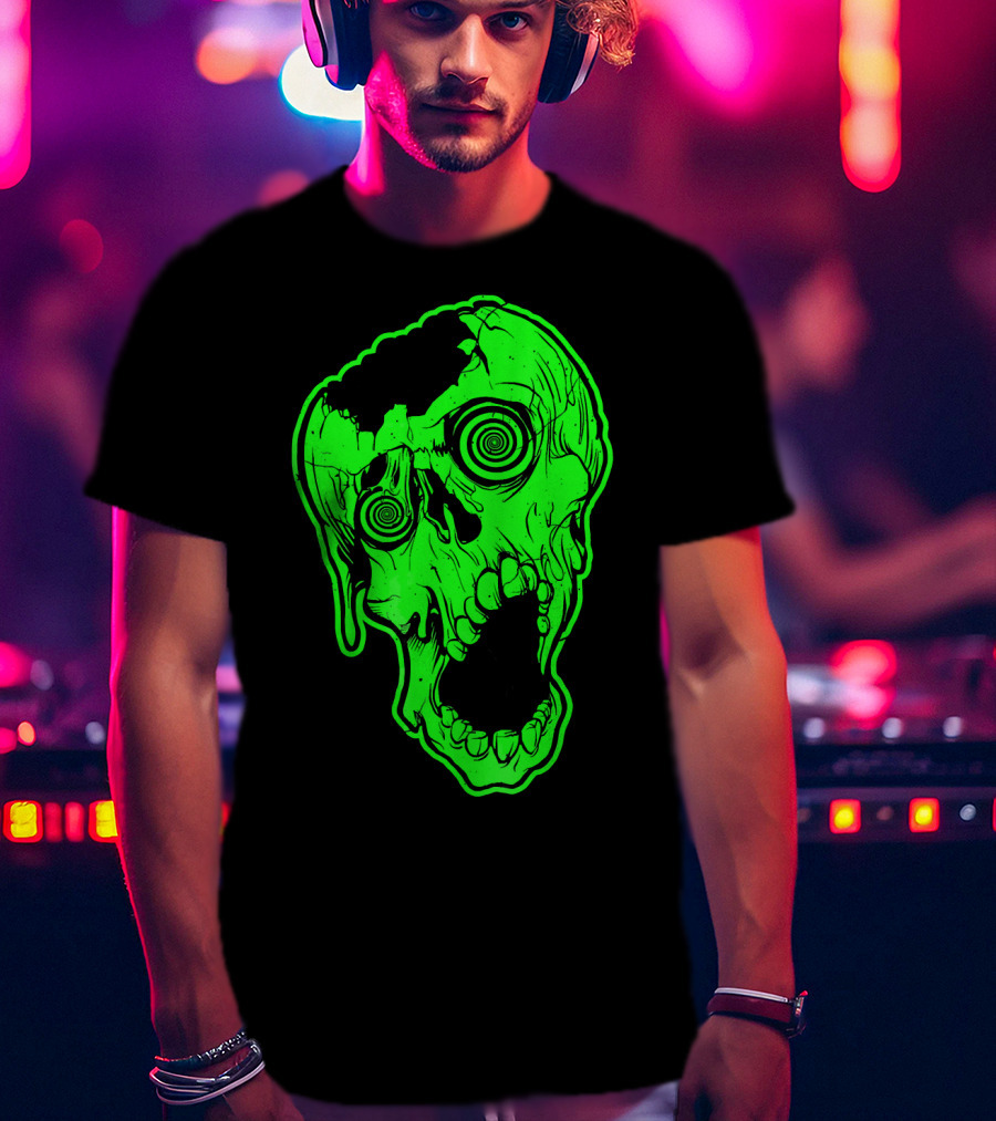 Retro Neon Zombie Skull Skateboarding Style 80s T-Shirt