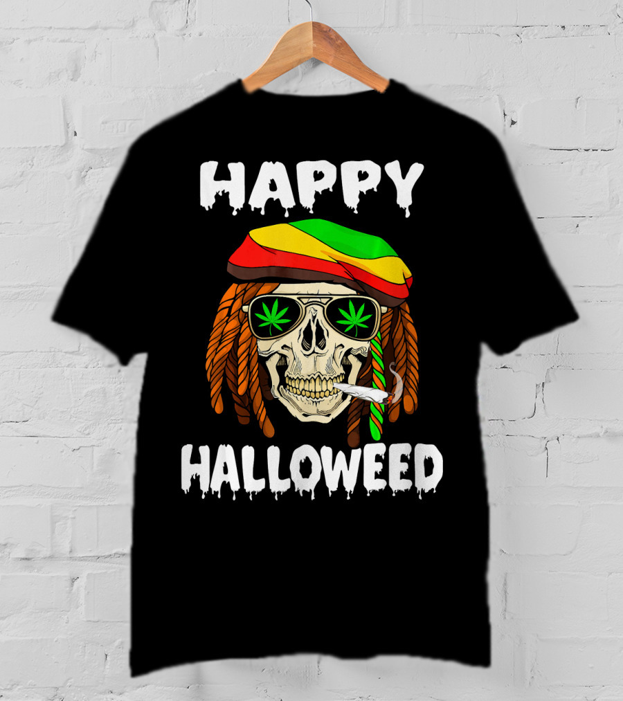Happy Halloweed Smoking Rasta Skull With Cannabis Sunglasses T-Shirt
