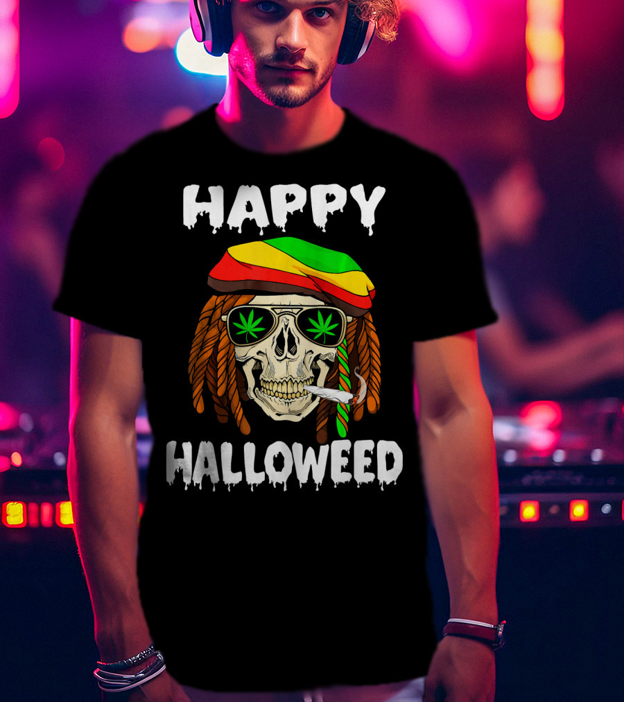 Happy Halloweed Smoking Rasta Skull With Cannabis Sunglasses T-Shirt