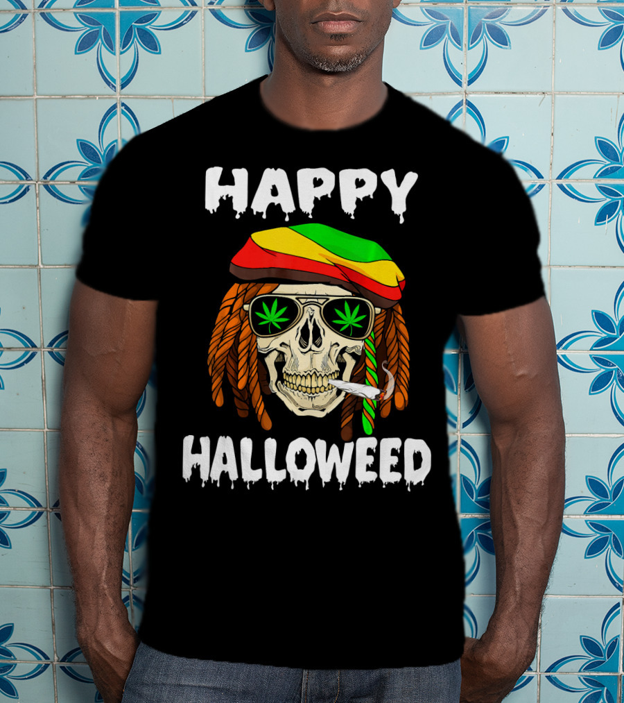 Happy Halloweed Smoking Rasta Skull With Cannabis Sunglasses T-Shirt