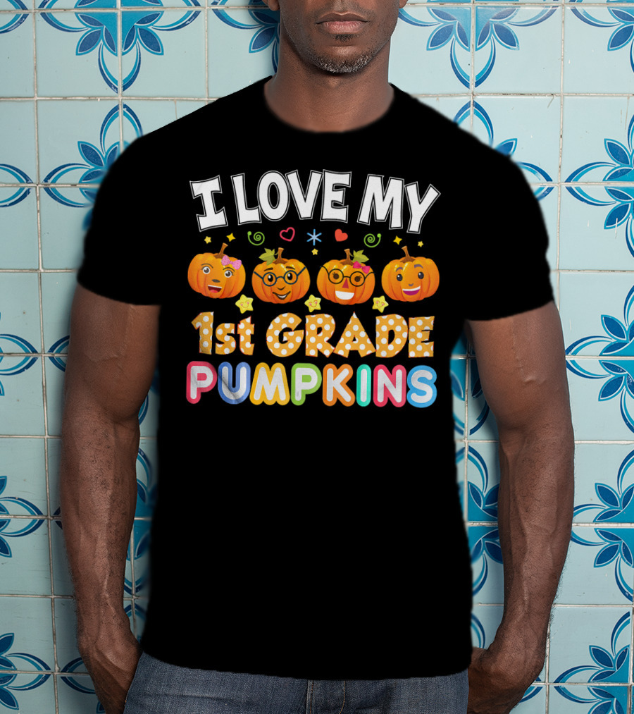 I Love My 1st Grade Pumpkins Halloween Emojis And Stars T-Shirt