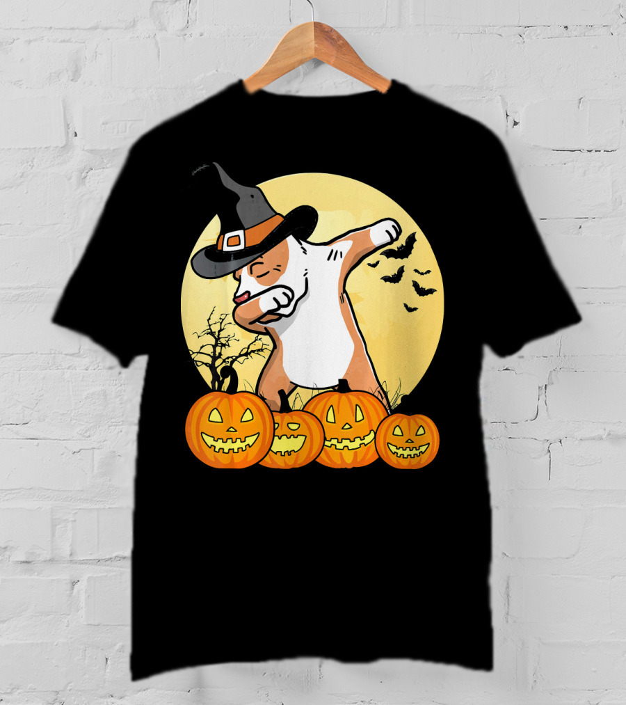 Dabbing Pit Bull Halloween Witch Hat Pumpkins Bats Dance Funny Dog T-Shirt