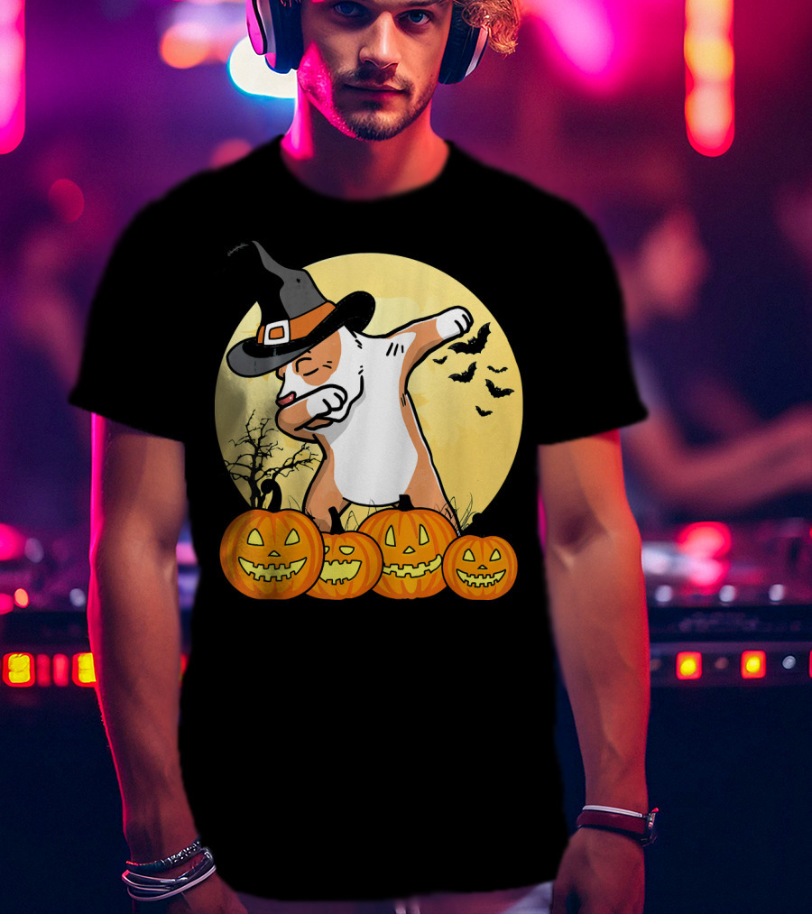 Dabbing Pit Bull Halloween Witch Hat Pumpkins Bats Dance Funny Dog T-Shirt