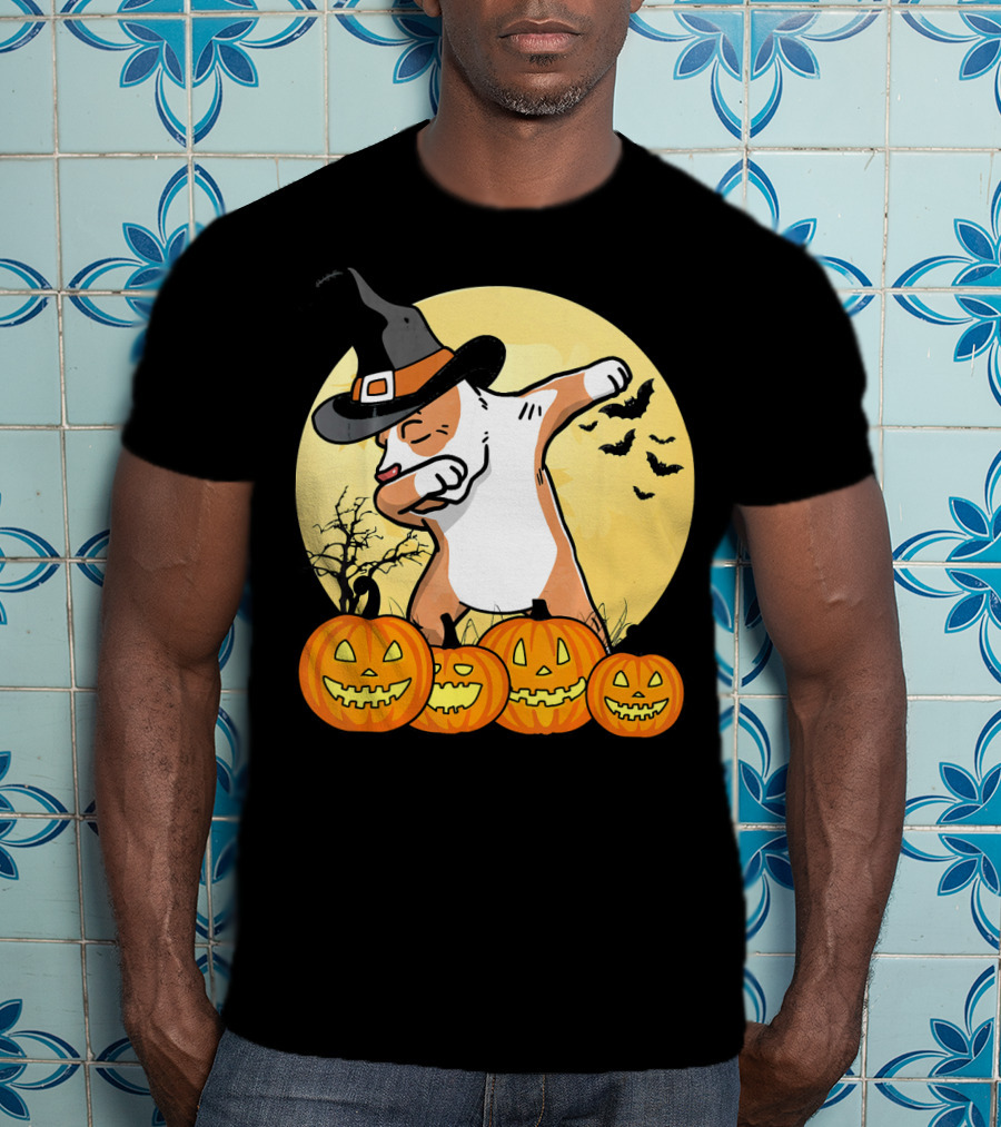 Dabbing Pit Bull Halloween Witch Hat Pumpkins Bats Dance Funny Dog T-Shirt