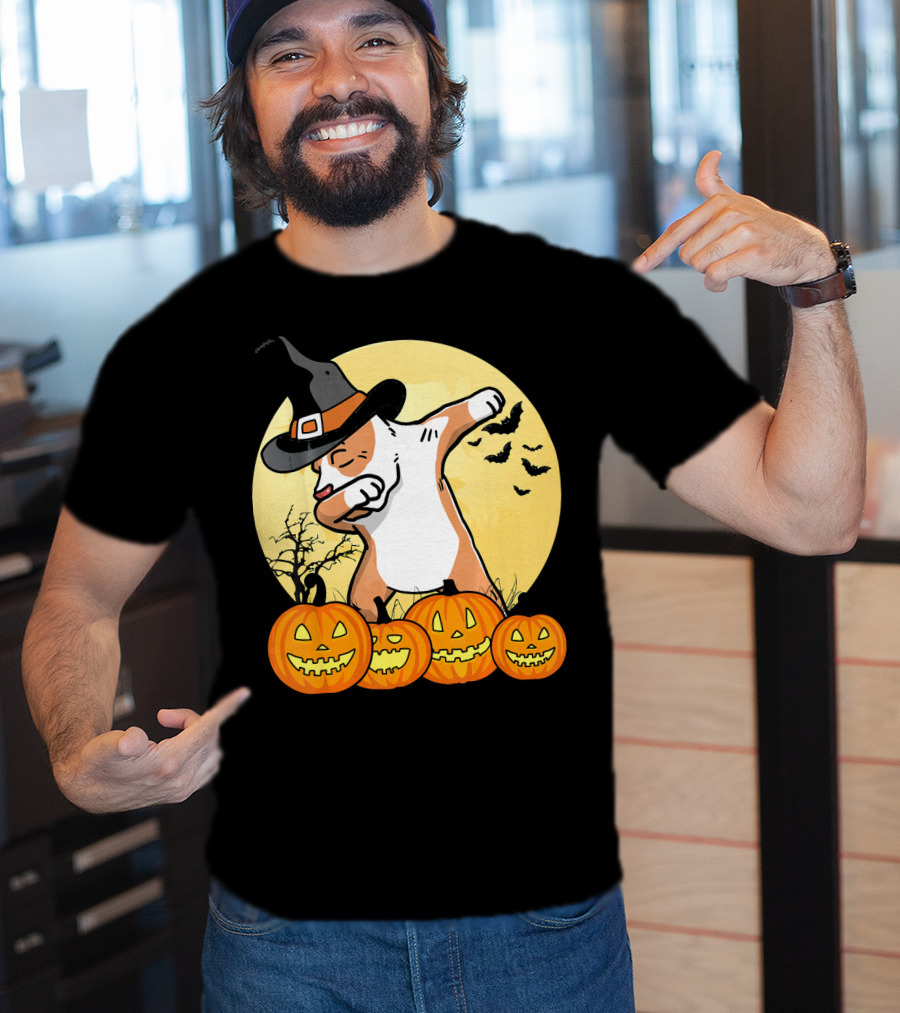 Dabbing Pit Bull Halloween Witch Hat Pumpkins Bats Dance Funny Dog T-Shirt