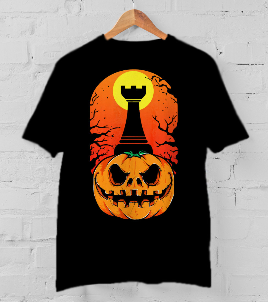 Spooky Rook Pumpkin Halloween Chess Tower Moon T-Shirt