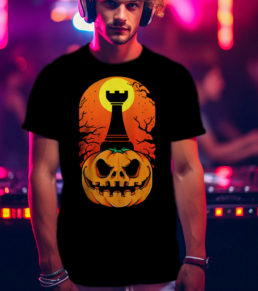 Spooky Rook Pumpkin Halloween Chess Tower Moon T-Shirt