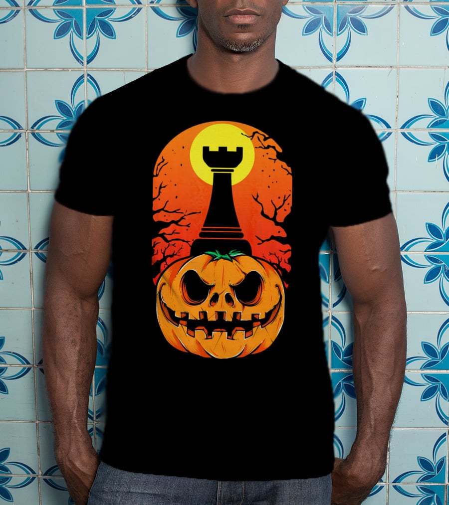 Spooky Rook Pumpkin Halloween Chess Tower Moon T-Shirt