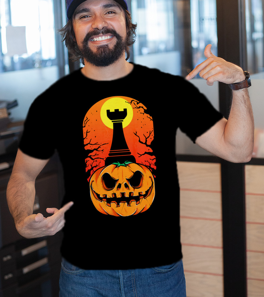 Spooky Rook Pumpkin Halloween Chess Tower Moon T-Shirt