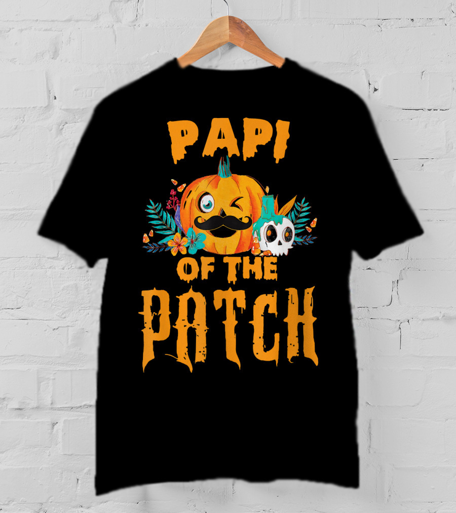 Papi Of The Patch Pumpkin Winking Mustache Skull Flowers T-Shirt