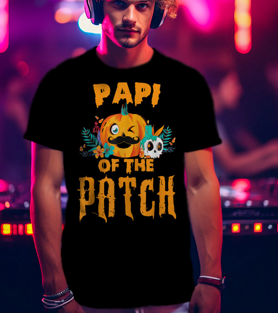 Papi Of The Patch Pumpkin Winking Mustache Skull Flowers T-Shirt