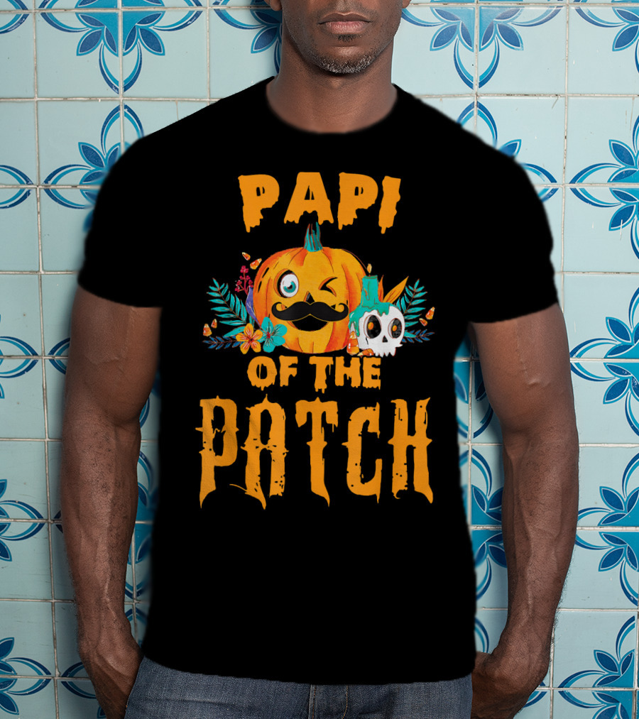 Papi Of The Patch Pumpkin Winking Mustache Skull Flowers T-Shirt