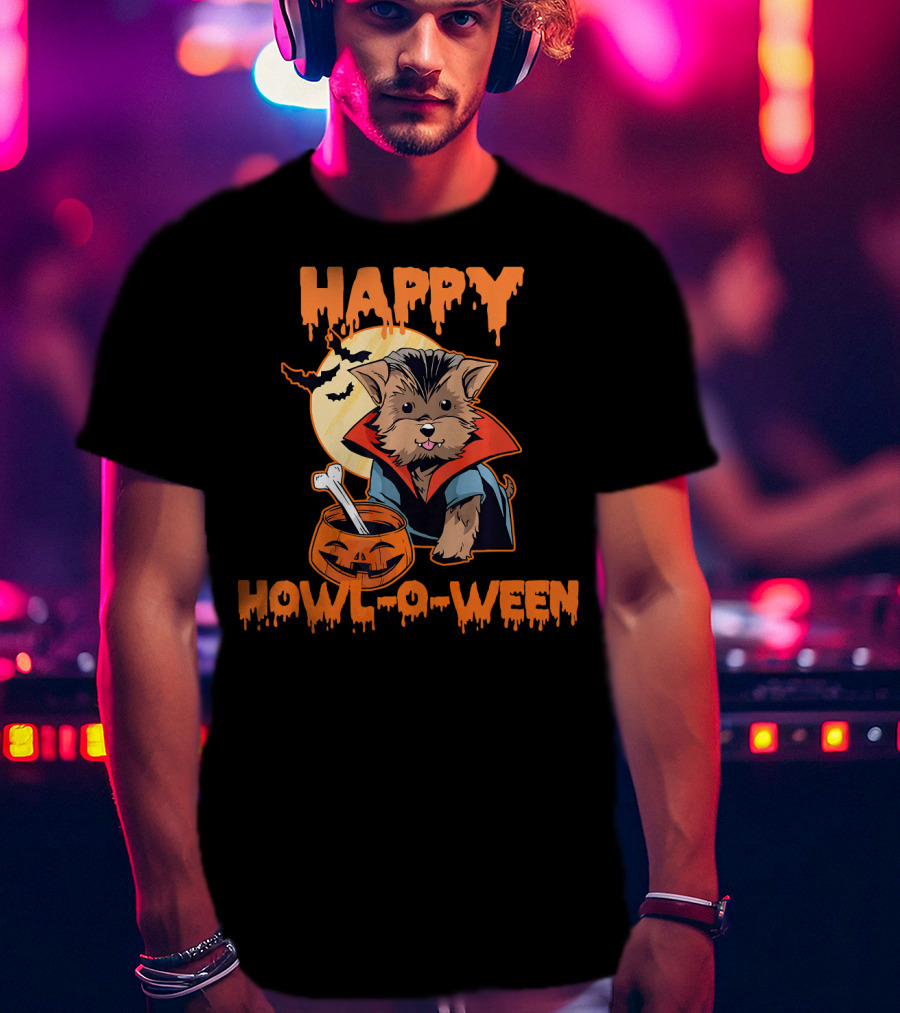 HAPPY HOWL O WEEN Morkie Vampire Moon Pumpkin T-Shirt