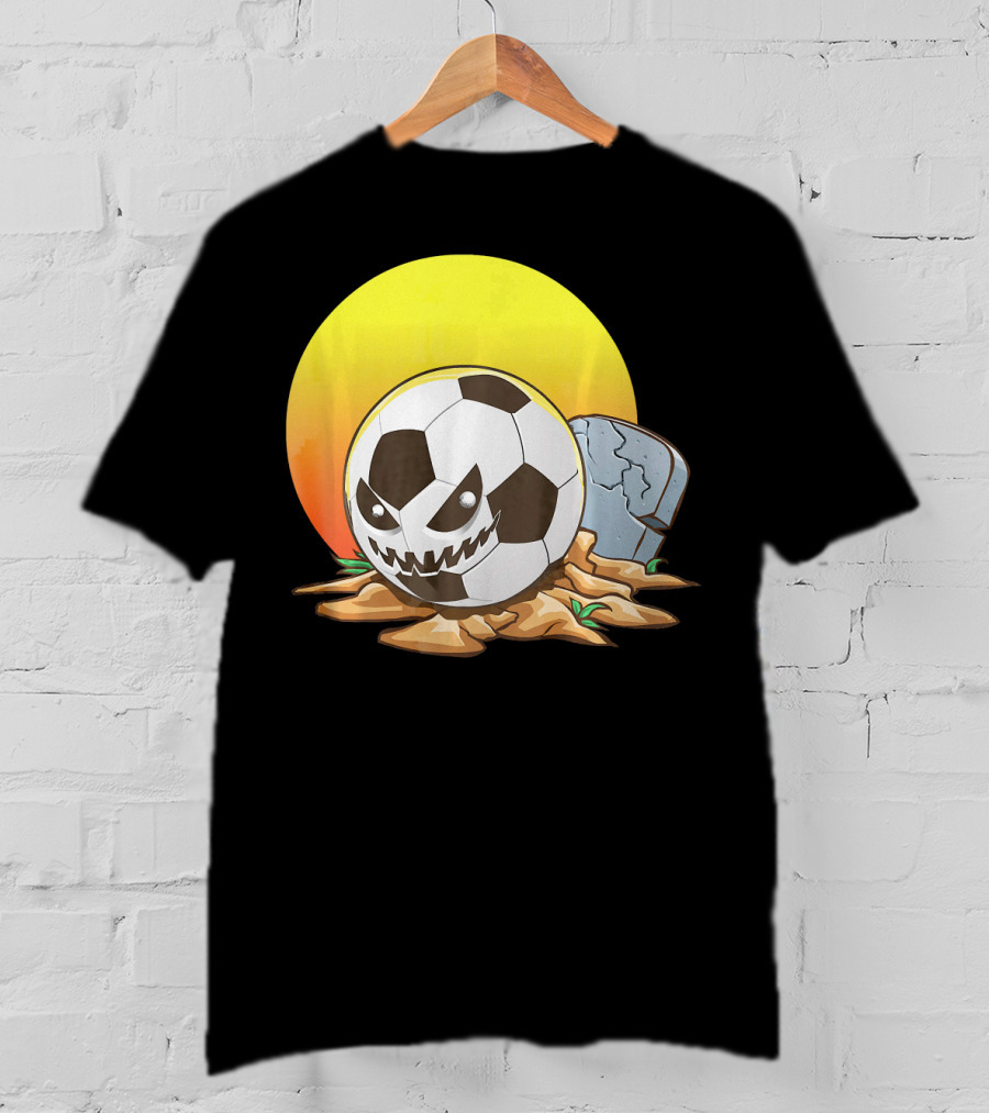 Soccer Halloween Goal With Spooky Jack-O'-Lantern Face And Graveyard Scene T-Shirt