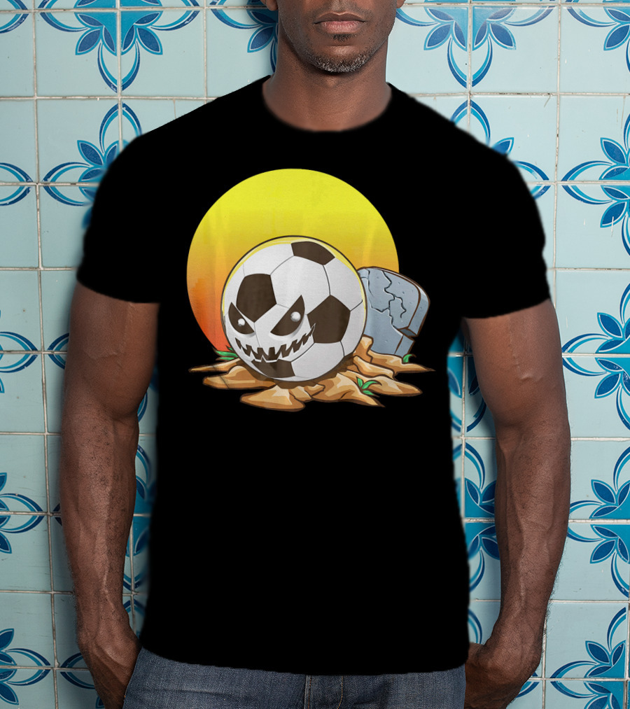 Soccer Halloween Goal With Spooky Jack-O'-Lantern Face And Graveyard Scene T-Shirt