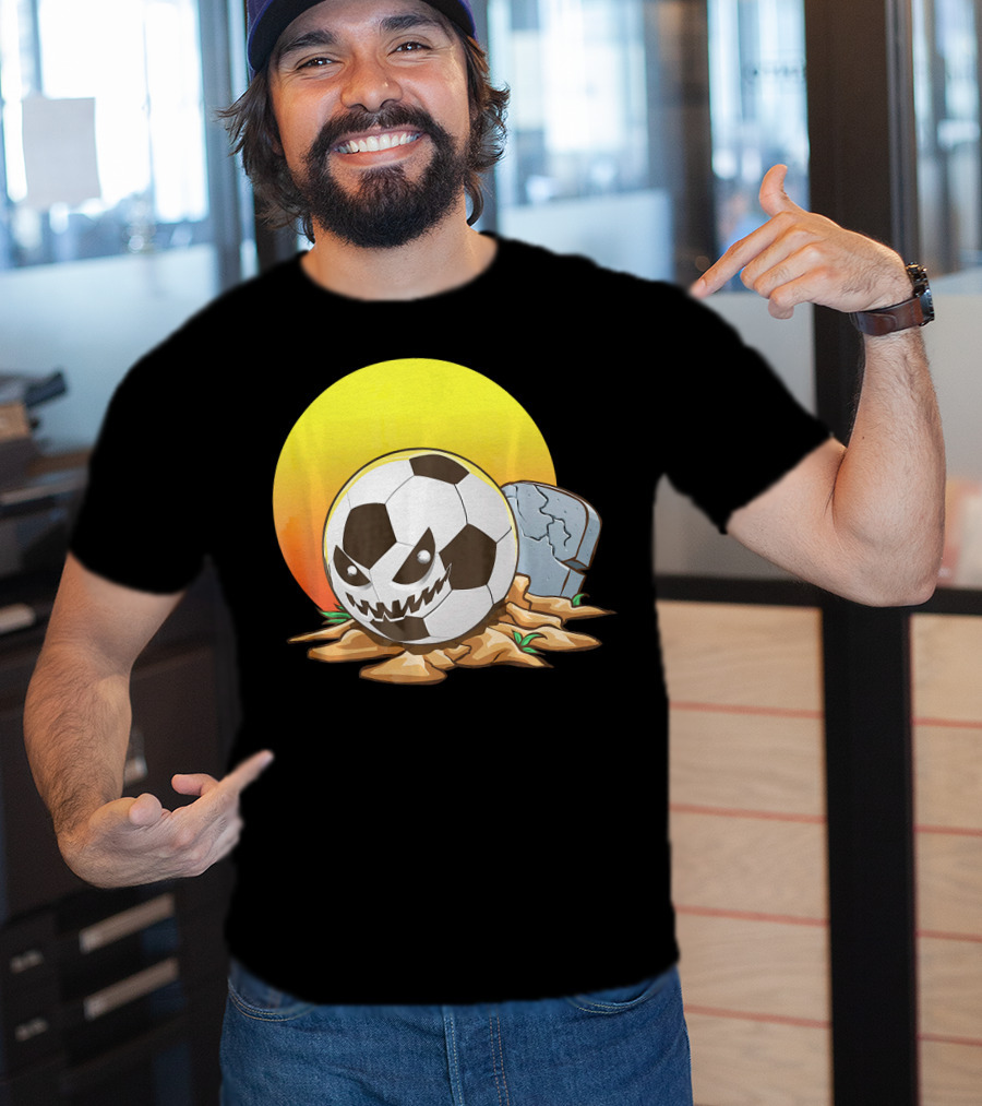 Soccer Halloween Goal With Spooky Jack-O'-Lantern Face And Graveyard Scene T-Shirt