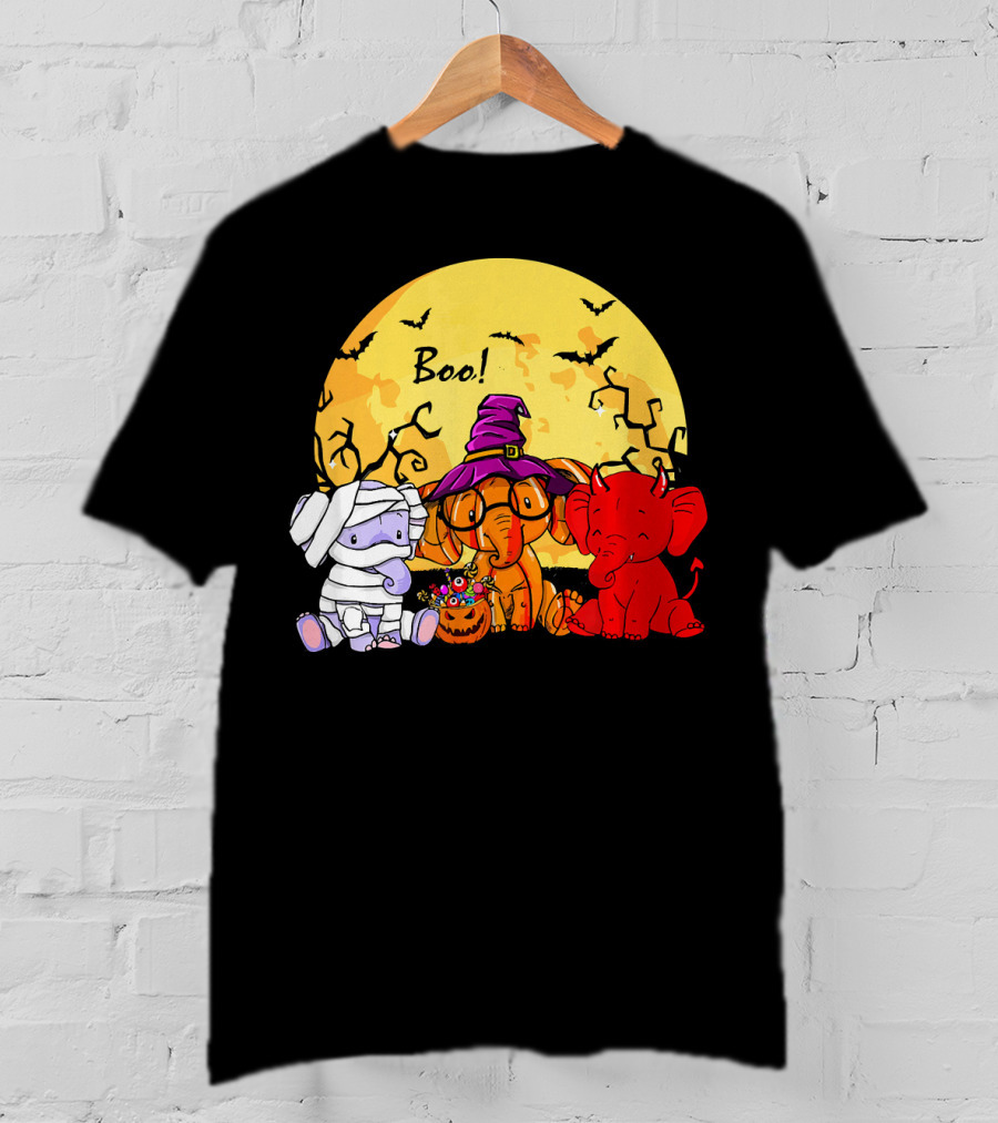 Boo Three Elephants Halloween Costume Party With Moon And Bats T-Shirt